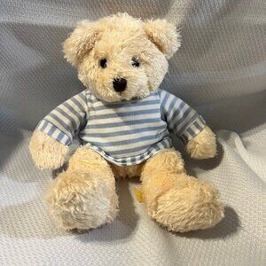 Cream Teddy Bear Plush in Blue Striped Shirt Soft Stuffed Animal 10”